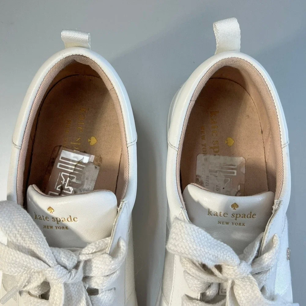 Kate Spade New York Adorn White Leather Low Top Sneakers Gold Spade 8 gym shoe